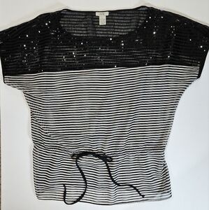 Cache Blouse Sequined Womens Medium‎ Waist Tie Black White Striped Party …